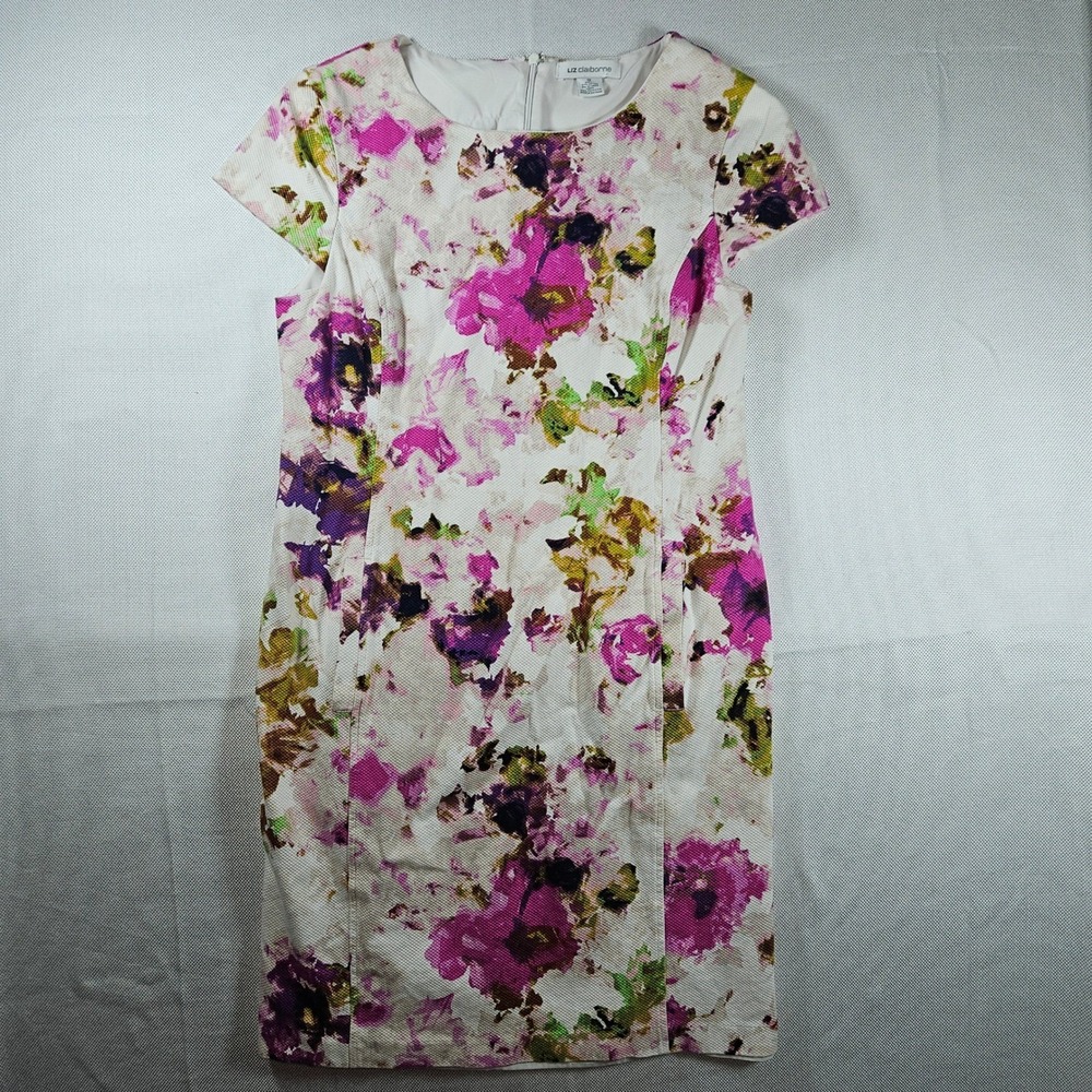 Liz Claiborne Floral Sheath Dress Pink Purple White Cap Sleeve Size 10 Cotton